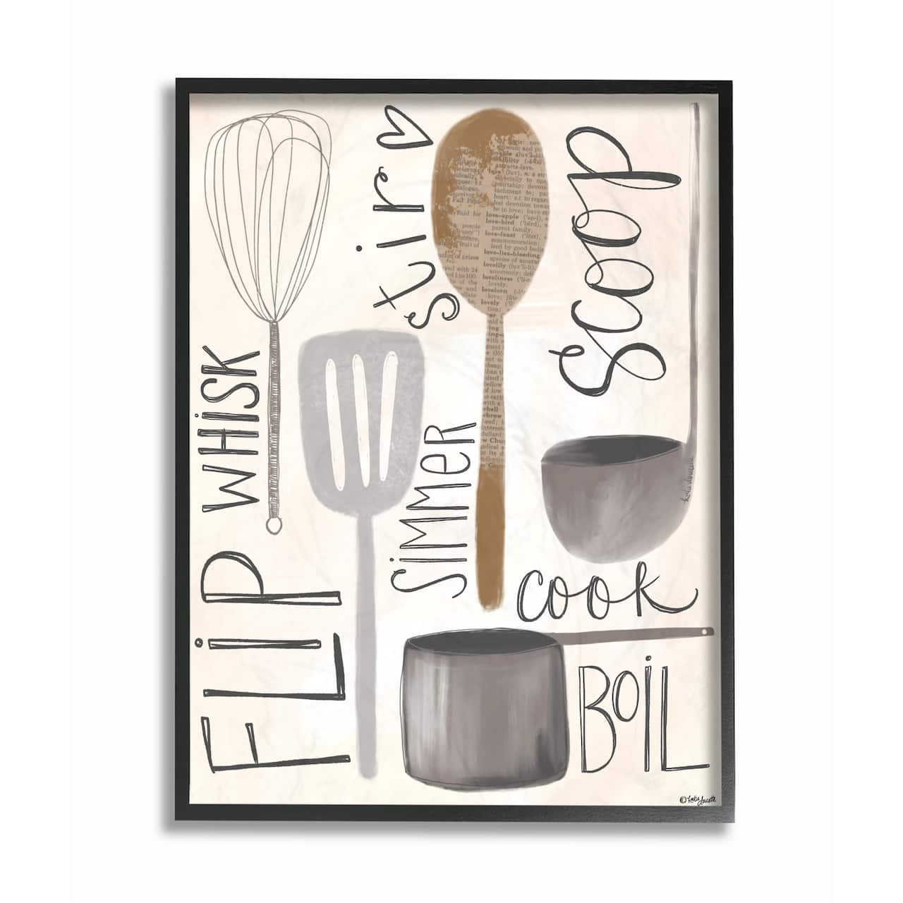 Stupell Industries Flip Whisk Simmer and Stir Kitchen Spoons and Utensils in Black Frame Wall Art